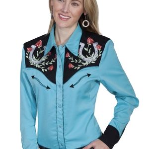 Scully Women's large, long sleeved western shirt with horse shoe rose design